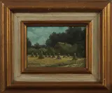 Chris Koelemeyer, korenschoven, Chris Koelemeyer 20e eeuw, olieverf op paneel, landschap met korenschoven 17x12cm