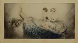 E. nandy (Franse School) ca, ingekleurde gravure, 1920, ingekleurde gravure op papier, twee dames met pauw 15x30cm