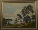H. Fischer, landschap, Fischer (Duitse School), olieverf op linnen, landschap met meer (An der Havel) 60x80cm