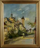 D. Keller, stadsgezicht, Keller 1929 (Duitse School), olieverf op linnen, dorpsgezicht met koets 55x70cm