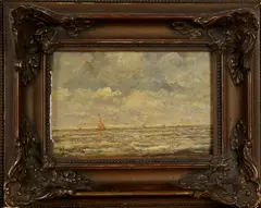 Dirk van der Aa, zeegezicht, C.J. van der Aa (Almelo 1883 - 1950), olieverf op paneel, zeegezicht met zeilschepen 16x11cm