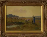 B.F. Coesel, herderin met schapen, Bernardus Coesel (Den Haag 1886 - 1952), olieverf op paneel, schaapsherderin met hond en schapen bij avond 31x22cm