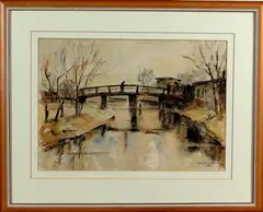 Onduidelijk gesig., bruggetje, Onduidelijk gesigneerd 1936, aquarel op papier, bruggetje met figuren 50x35cm