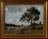 Jan van Vuuren, landschap, Jan van Vuuren (Molenaarsgraaf 1871 - 1941 Ermelo), olieverf op linnen, heidegezicht met boom 30x23cm