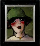 Jean Léon, dame met hoed, Jean Leon (Belgische School), olieverf op paneel, dame met hoed 24x30cm