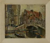 M. Burch, brug in Delft, 1930, olieverf op paneel, Hollands stadsgezicht met gracht en bruggetje (Delft?) 34x28cm