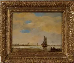 C.W. Smith, molen en boot, Smith 20e eeuw, olieverf op paneel, riviergezicht met figuren en zeilboot 17x13cm