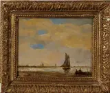 C.W. Smith, molen en boot, Smith 20e eeuw, olieverf op paneel, riviergezicht met figuren en zeilboot 17x13cm