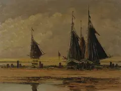Onduidelijk gesig., bomschuiten, Onduidelijk gesigneerd (Duitse School?), olieverf op linnen, bomschuiten met figuren op het strand 60x80cm