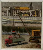 Schilderij V.B., vrachtwagen, (Sevilla 1958), olieverf op paneel, stadsgezicht met hijskraan en vrachtwagen 44x38cm
