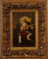 G. Salvi, Italiaanse school, Salvi 19e eeuw, Italiaanse school, olieverf op paneel, gitaarspelende edele heer in interieur 26x38cm