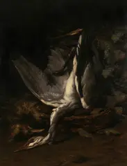 John Hulk, reiger, Johannes Frederik Hulk ( 1829 - 1911 Haarlem), olieverf op linnen, dode reiger in gevlochten mand 62x80cm