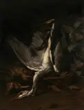 John Hulk, reiger, Johannes Frederik Hulk ( 1829 - 1911 Haarlem), olieverf op linnen, dode reiger in gevlochten mand 62x80cm