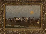 Arthur Fendel, koeien, Arthur Feüdel 1908 (Harthau 1857 - 1929 Katwijk), olieverf op paneel, landschap met koeien en boer bij avond 29x20cm