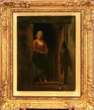 H. Kuiper, interieur, (Kurper of Kuiper) 19e eeuw, olieverf op paneel, vrouw bij deuropening 24x19cm., Cond.: G