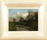 boslaantje by Piet van Wijngaerdt, Piet van Wijngaardt (Amsterdam 1873 - 1964 Abcoude), olieverf op paneel, bosrand met plas 24x9cm, offered Jan 2013