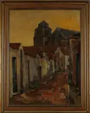Piet Zwier, stadsgezicht, Piet Zwiers (Meppel 1907 - 1965), olieverf op linnen, dorpsgezicht 60x80cm
