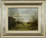 Peter Motz, schilderij, Peter Motz, olieverf op linnen, landschap met hoenderhok en kippen 30x40cm