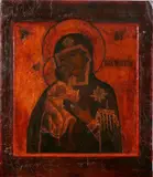 moeder gods by Ikoon van Moeder Gods Feodorofskaja, Rusland 19e eeuw, Tempera op levkas op paneel 44,5x38cm, offered Jan 2013