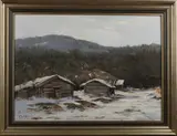 Frits Goosen, winterlandschap, Frits Goosen (Hilversum 1943), olieverf op linnen, wintergezicht met schuren in de bergen 50x70cm