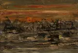 Ongesigneerd schilderij, boten, Ongesigneerd 20e eeuw (Durien), olieverf op paneel, havengezicht met kranen 25,5x17cm