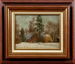 Willem Maris, 's Gravenhage, Willem Maris Hage (Den Haag 1844 - 1910 Den Haag), olieverf op linnen, boerderij met sneeuw 26x20cm