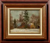 Willem Maris, 's Gravenhage, Willem Maris Hage (Den Haag 1844 - 1910 Den Haag), olieverf op linnen, boerderij met sneeuw 26x20cm