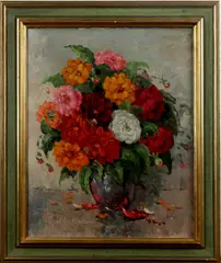 R. Wildeboer, stilleven, Roel Wildeboer (Meppel 1902 - ), olieverf op linnen, Dalia's 1980 40x50cm