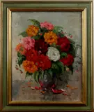 R. Wildeboer, stilleven, Roel Wildeboer (Meppel 1902 - ), olieverf op linnen, Dalia's 1980 40x50cm