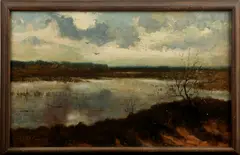 Schilderij Krol, Twents landschap, Gerard Cornelis Krol (Rotterdam 1882 - 1950 Enschede), olieverf op paneel, Aamsveen met boerderij 56x36cm