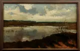 Schilderij Krol, Twents landschap, Gerard Cornelis Krol (Rotterdam 1882 - 1950 Enschede), olieverf op paneel, Aamsveen met boerderij 56x36cm