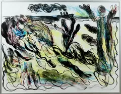 Jan Sierhuis, modern, Jan Sierhuis 88 (Amsterdam 1928 ), zeefdruk op papier 29/50, zeegezicht met boot en figuren 65x50cm
