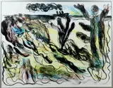 Jan Sierhuis, modern, Jan Sierhuis 88 (Amsterdam 1928 ), zeefdruk op papier 29/50, zeegezicht met boot en figuren 65x50cm