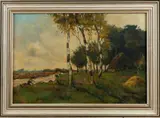 H. v. Gessel, boerderij met bomen, Gessel, olieverf op linnen, boerderij met berkenbomen 40x60cm