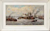 Joop Molenaar, havengezicht, Molenaar), olieverf op linnen, Rotterdams havengezicht 46x26cm