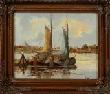 G. v. W., Botters, 1930, olieverf op linnen, Hollands riviergezicht met twee zeilboten 24x30cm