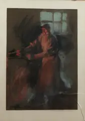 Hans Uhl, staalarbeider, Hans Uhl (Duitse School), pastel op papier, staalarbeiders bij vuur 34x60cm