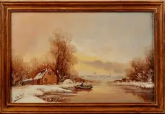 H. Hermans, winter, Hermans (Duitse School), olieverf op paneel, wintergezicht met roeiboot 18x27cm