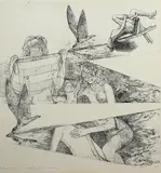 Jan Oosting, ets, Jan Oosting 1985, ets op papier, de vlucht van de schaarbekken 58x60cm