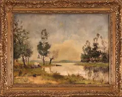 B. Medema, vaart en koeien, Bernard Medema, olieverf op linnen, koeien bij een Hollands rivierlandschap 30x40cm