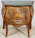 Gebogen buikcommode, beschilderd, Louis Quinze stijl commode met groen marmeren blad