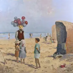 J.J. van Leeuwen, straatgezicht, J.J.H. van Leeuwen, Den Haag, olieverf op linnen, strandgezicht met vele figure