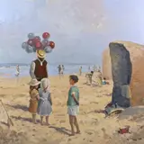 J.J. van Leeuwen, straatgezicht, J.J.H. van Leeuwen, Den Haag, olieverf op linnen, strandgezicht met vele figure