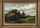 Willem Roelofs, Weesp, Willem Roelofs (Amsterdam 1822 - Antwerpen), olieverf op linnen (maroufle), landschap bij Weesp 45,5x70cm