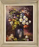 vaas met bloem by epigoon v.d Ton Ancone (Oldenzaal, Haagse School), olieverf op paneel, vaas met bloem 35x45cm, offered Jul 2012