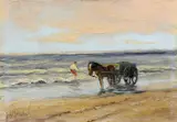 Juriaan M. Beek, schelpenvisser, Jurrien Marinus Beek ( 1879 - 1965 Den Haag), olieverf op paneel, schelpenvisser aan het strand 18,5x13cm