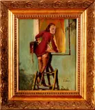 K. Peizer, vrouw met kousen, 1930, olieverf op linnen, vrouw met kousen op trapje 23x30cm