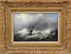 Monogram J.K., zee, 19e eeuw, olieverf op paneel, schipbreuk op stormachtige zee 24x16cm