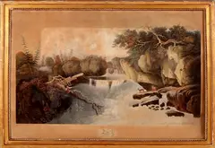 Ingekleurde gravure, waterval, 1830, ingekleurde gravure op papier (vergeeld), "A view of the fall of the Arve" 70x57cm