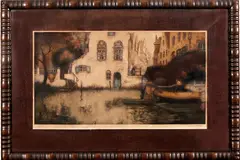 Ingekleurde ets, Van Neste, 196, ingekleurde gravure op papier, kanaalgezicht met huizen en figuren 65x37cm